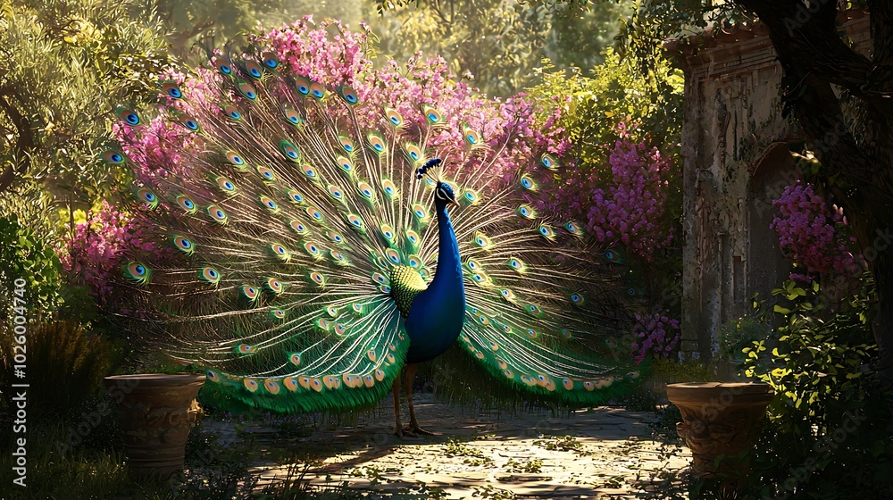 Obraz premium Peacock displaying feathers in a blooming garden environment.