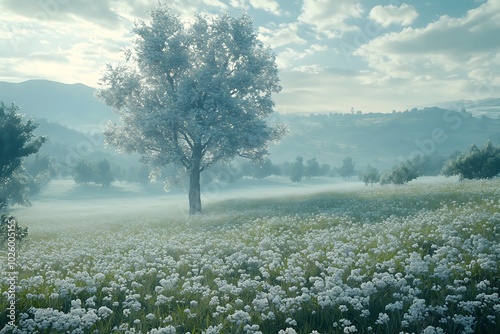 Serene landscape with a tree and flowering field under clouds. photo