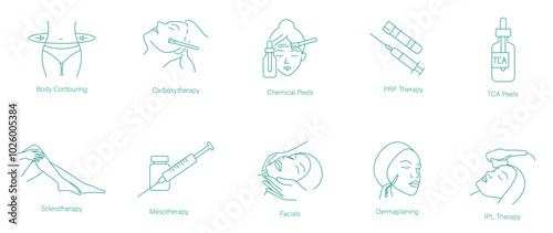 Body Contouring, Carboxytherapy, Chemical Peels, PRP Treatment, TCA Peels, sclerotherapy, Mesotherapy, Facials, Dermaplaning, and IPL Therapy Icon Set for Complete Beauty and Skin Care  