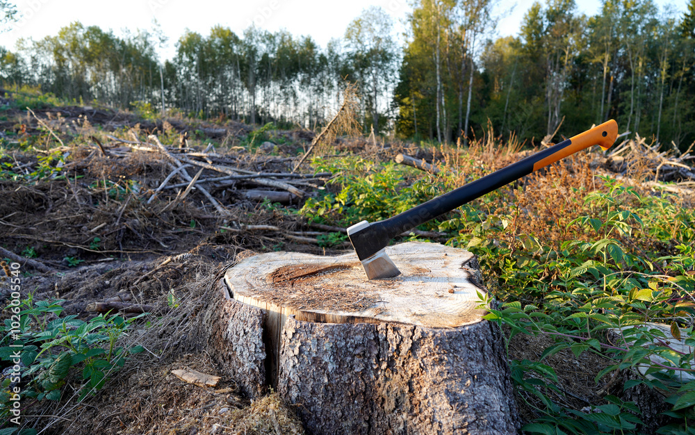 Deforestation. Axe in stump for cutting timber in forest. Illegal ...