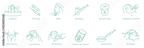 Cryotherapy, PRP Therapy, Kybella, Mesotherapy, LED Light Therapy, Radiofrequency Treatment, Body Contouring, Acne Treatment, Skin Resurfacing, Fractional Laser Treatment, Lip Augmentation icon set 