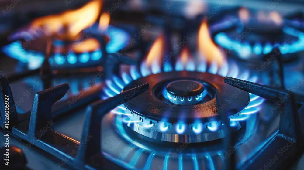 Close-up gas flame close up on the gas stove, kitchen, stove, cook, modern, gas, flame, burner, heat, appliance. Natural gas burns with a blue flame Close-up gas flame close up on the gas stove, kitchen, stove, cook, modern, gas, flame, burner, heat, appliance. Natural gas burns with a blue flame