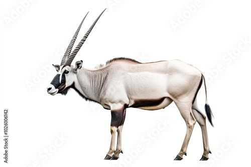 Wild Arabian Oryx leucoryx,Oryx gazella or gemsbok isolated on white background. large antelope in nature habitat, Wild animals in the savannah. Animal with big straight antler horn photo