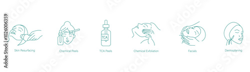 Skin Resurfacing, Chemical Peels, TCA Peels, Chemical Exfoliation, Facials, and Dermaplaning Icon Set for Deep Skin Renewal and Care