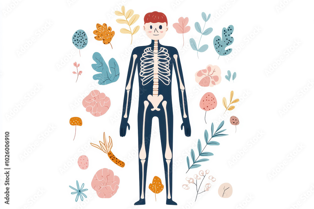 Whimsical illustration of a skeleton surrounded by colorful plants and flowers Whimsical illustration of a skeleton surrounded by colorful plants and flowers