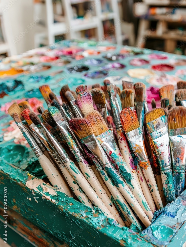 Fototapeta premium E-learning platform showcasing creative art lessons with virtual painting and drawing tools with space for text