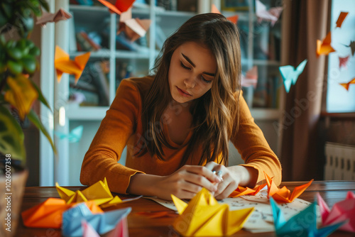 Creative woman crafting origami with generative AI inspiration photo