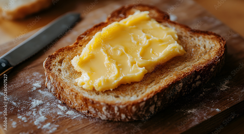 A slice of bread with butter on it and a knife next to it.
A slice of bread with butter on it and a knife next to it.
