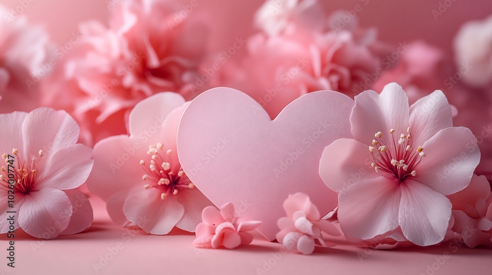 Paper heart the center of a pastel pink background with pink flowers arranged in a blooming pattern A soft and romantic layout symbolizing love perfect for Valentines or Womans Day Paper heart the center of a pastel pink background with pink flowers arranged in a blooming pattern A soft and romantic layout symbolizing love perfect for Valentines or Womans Day