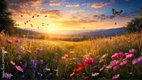 A vibrant sunset over a flower-filled meadow with butterflies, evoking tranquility and beauty.