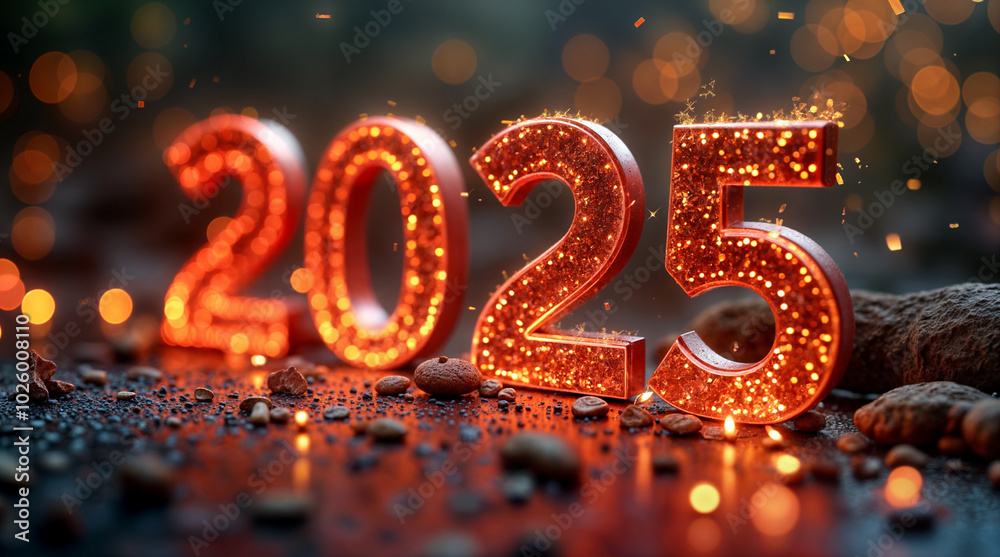 A bright and colorful image of the number 2025 in a sparkling, fiery font, set against a dark background. A bright and colorful image of the number 2025 in a sparkling, fiery font, set against a dark background.