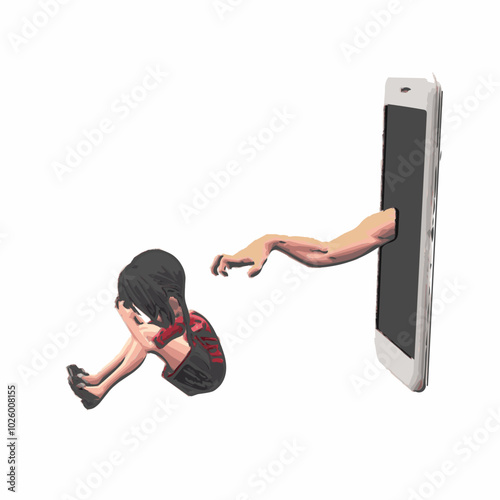 This image shows a girl sitting in distress with her head down, while a large phone with arms emerging from the screen points at her, symbolizing bullying or social pressure from digital media.