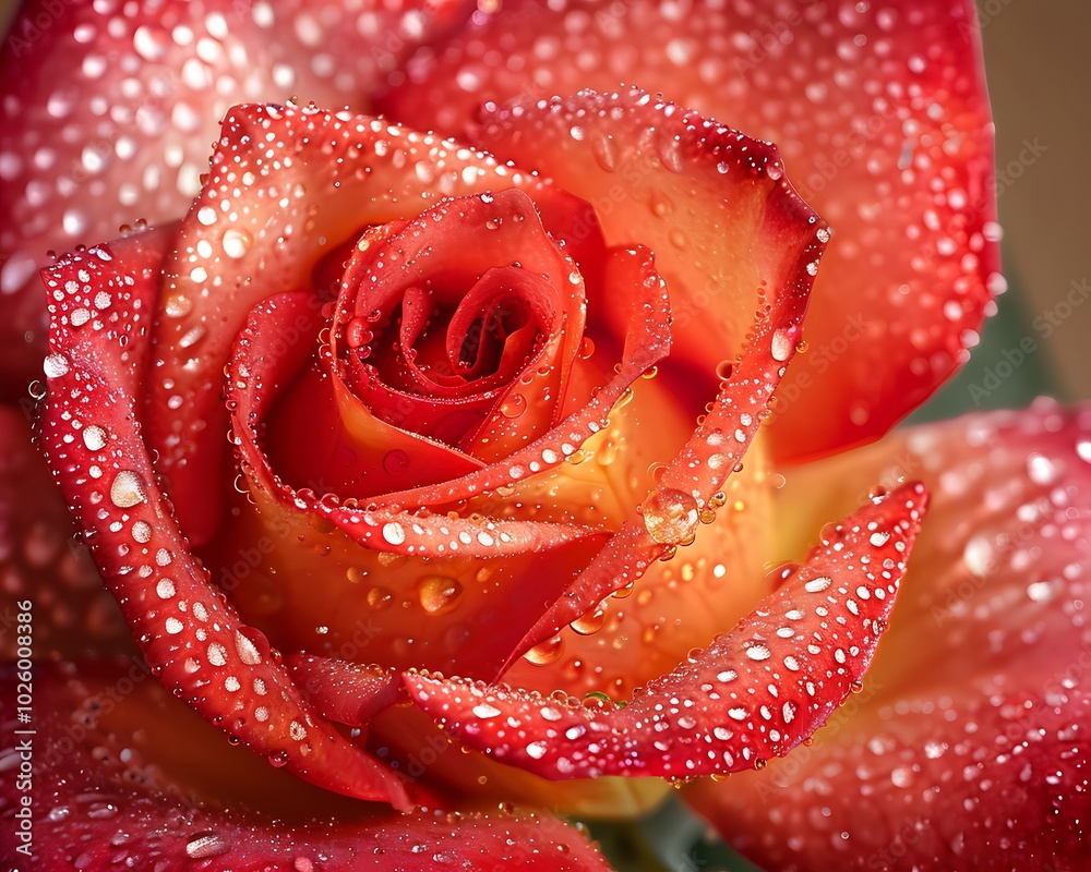 A close-up of a vibrant red rose covered in tiny water droplets with the intricate details of the petals highlighted by soft natural light A close-up of a vibrant red rose covered in tiny water droplets with the intricate details of the petals highlighted by soft natural light