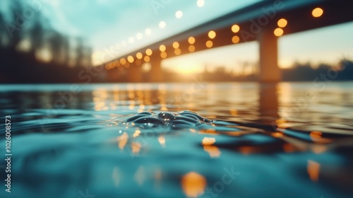 Water reflects the warm lights of a bridge in the evening, creating a captivating scene where light and water dance together, providing a sense of warmth. photo