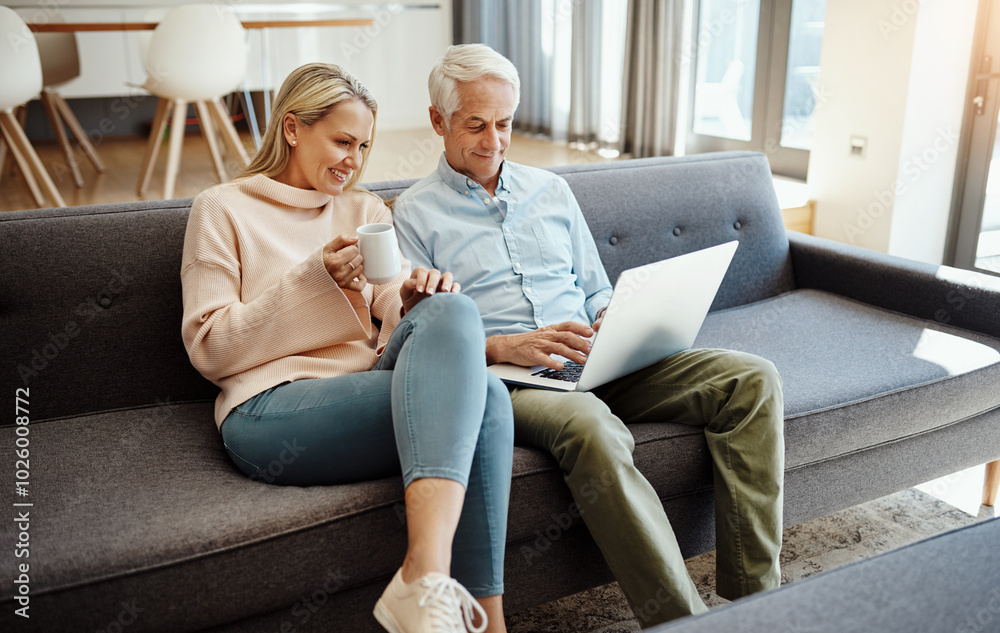 House, laptop and old couple with smile, finance planning or connection with property management. Mature people, apartment or man with woman, computer or internet with budget, savings or review taxes House, laptop and old couple with smile, finance planning or connection with property management. Mature people, apartment or man with woman, computer or internet with budget, savings or review taxes