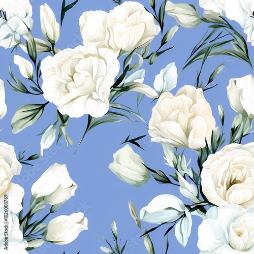 Elegant white flowers with green leaves on a deep blue backdrop for a sophisticated look.