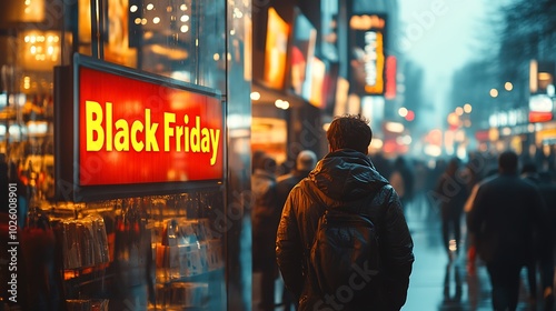 Large "Black Friday" sale sign on a store window, people walking in a blur in front of the sign, reflections of mall lights and storefronts on the glass, sharp focus on the sale text,