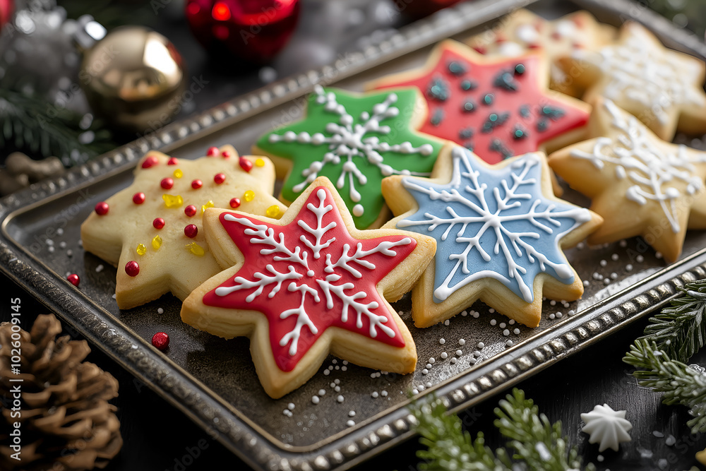 Holiday Sugar Cookies with Colorful Icing, A tray of festive sugar cookies, shaped like snowflakes, stars, and bells, decorated with bright icing and sprinkles, Holiday season dessert food photography Holiday Sugar Cookies with Colorful Icing, A tray of festive sugar cookies, shaped like snowflakes, stars, and bells, decorated with bright icing and sprinkles, Holiday season dessert food photography