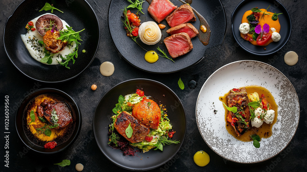 Fine dining dish photo, luxurious dining table, chef's dish, neat food plating Fine dining dish photo, luxurious dining table, chef's dish, neat food plating