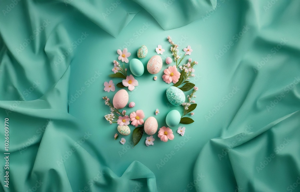 Pastel pink and blue Easter eggs surrounded by delicate pink flowers and green leaves on a turquoise background. Pastel pink and blue Easter eggs surrounded by delicate pink flowers and green leaves on a turquoise background.