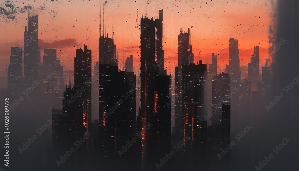 Silhouette of a futuristic city at sunset Silhouette of a futuristic city at sunset