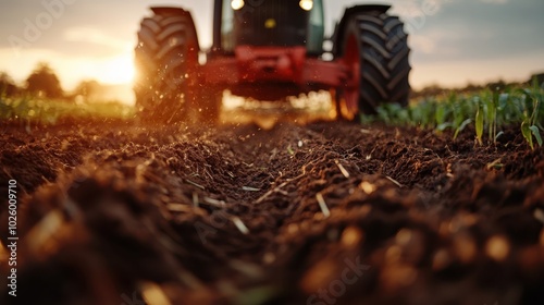 A dynamic image of a red tractor tilling the fertile soil in a farm field, emphasizing machinery's role in efficient food production and rural life. photo