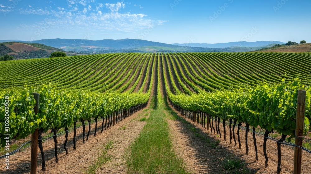 Fototapeta premium Vineyard Rows on a Sunny Day with Distant Hills