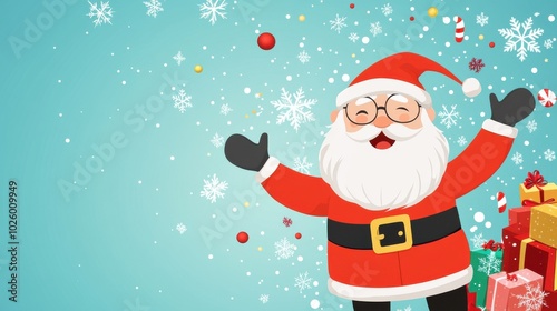 Cheerful Santa with Christmas Gifts and Background