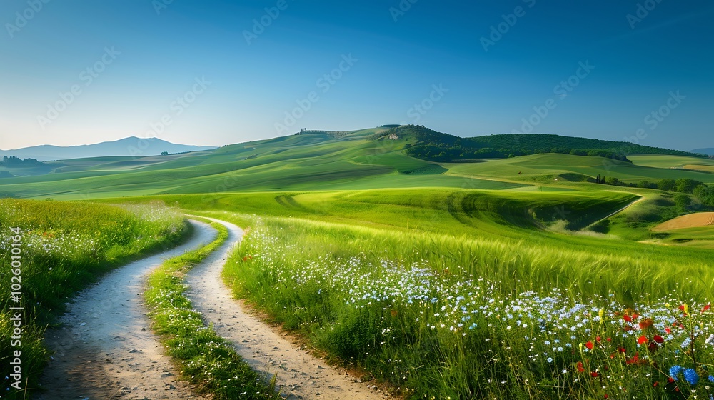 A peaceful countryside scene with a winding dirt road leading through rolling green fields and wildflowers under a clear blue sky A peaceful countryside scene with a winding dirt road leading through rolling green fields and wildflowers under a clear blue sky