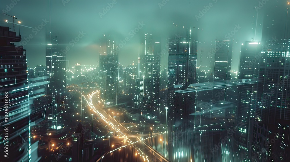 Futuristic cityscape with digital overlays Futuristic cityscape with digital overlays