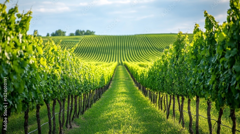 Obraz premium Rows of Grapevines in a Vineyard with a Green Grass Path