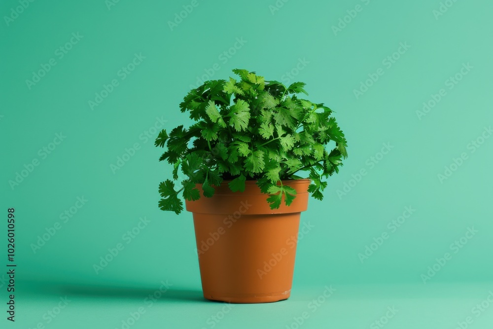 Fresh cilantro plant in a terracotta pot against a bright teal background Fresh cilantro plant in a terracotta pot against a bright teal background