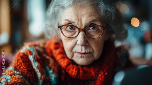 An elderly woman with glasses is intensely focused, wearing a vibrant knit sweater, highlighting themes of wisdom, age, and concentration in a cozy ambiance.