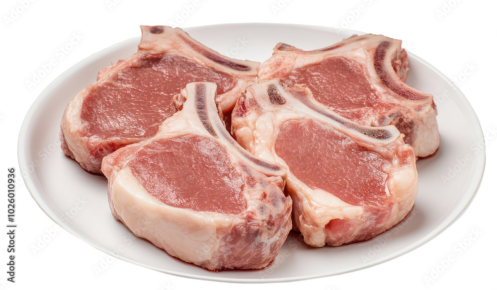 Four raw pork chops on a plate, isolated on transparent background, ideal for food illustrations. Four raw pork chops on a plate, isolated on transparent background, ideal for food illustrations.