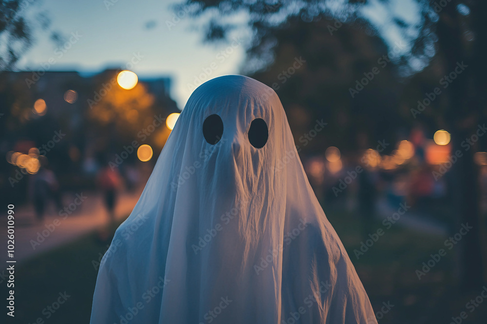 Funny halloween character person or animal wearing white blanket pretending scary ghost, Generative AI Funny halloween character person or animal wearing white blanket pretending scary ghost, Generative AI