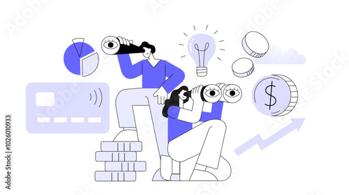 Concept of searching for money. People with stacks of coins. Flat vector illustration.