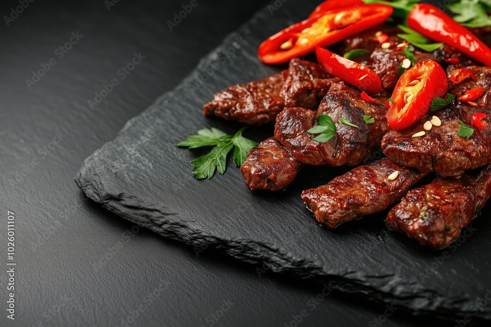 Delicious grilled beef steak garnished with fresh red chili peppers and parsley on a dark slate serving platter Delicious grilled beef steak garnished with fresh red chili peppers and parsley on a dark slate serving platter