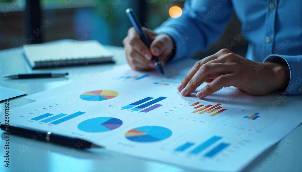 A person's hands working on financial documents and charts on a desk, office, document, desk, financial, finance, business