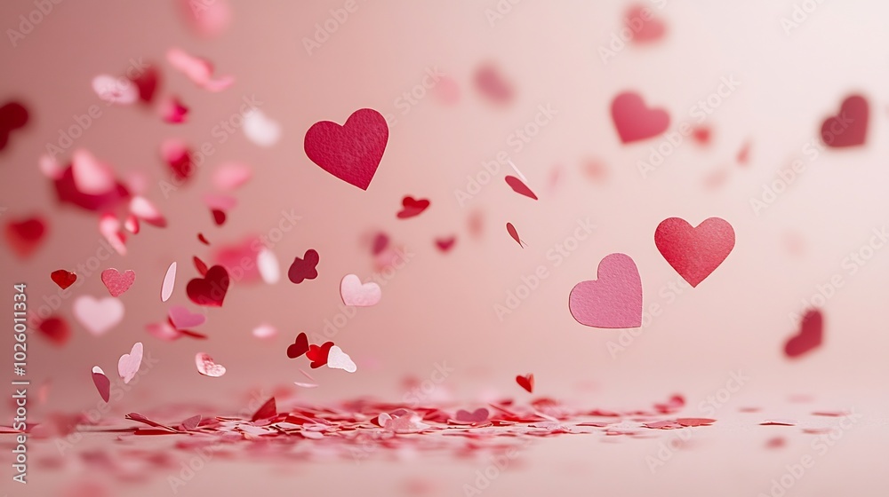 Heartshaped confetti soft shades of pink and red gently falling over a pale pink minimalistic background creating a light and romantic Valentine's Day card design Heartshaped confetti soft shades of pink and red gently falling over a pale pink minimalistic background creating a light and romantic Valentine's Day card design