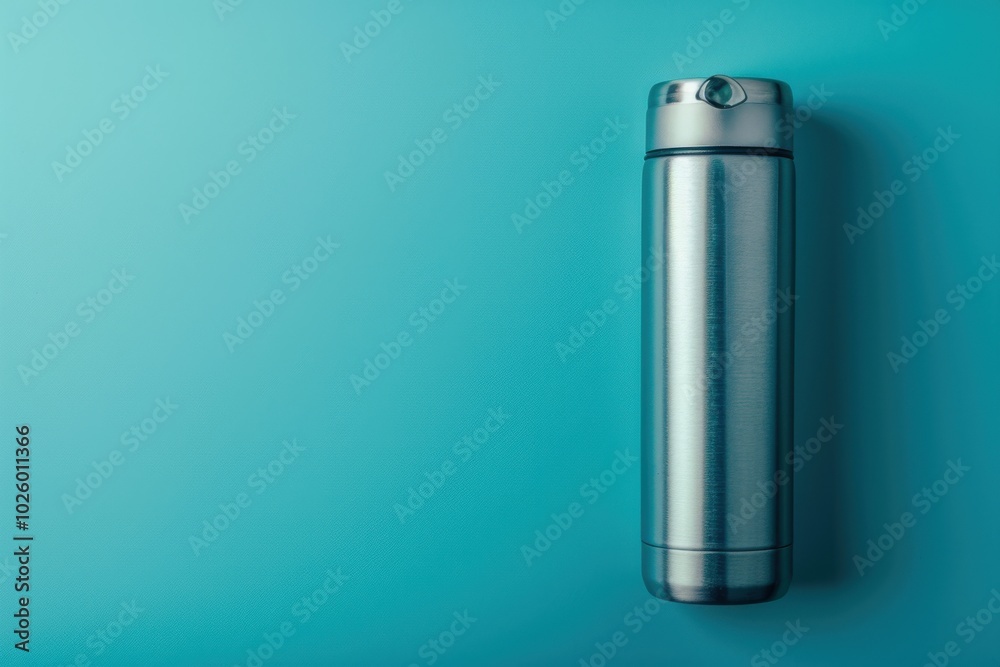 Stainless steel travel mug on a teal background with a minimalist design Stainless steel travel mug on a teal background with a minimalist design