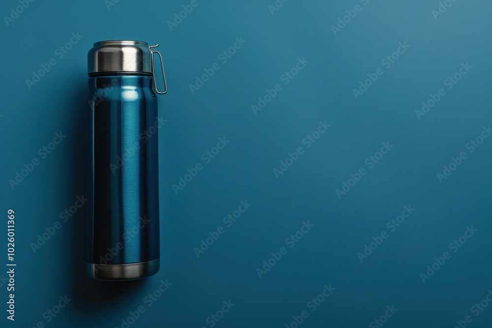 Blue stainless steel water bottle on a solid blue surface Blue stainless steel water bottle on a solid blue surface