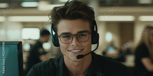 Friendly Call Center Agent with Headset Smiling