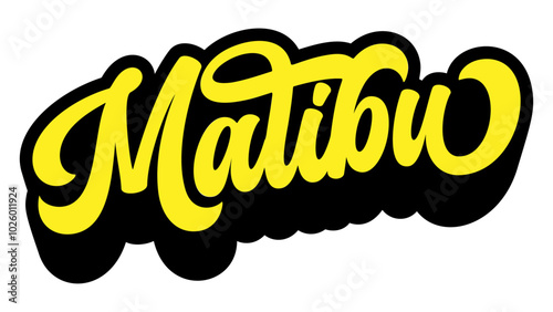 Malibu city name written in retro groovy three-dimensional script lettering