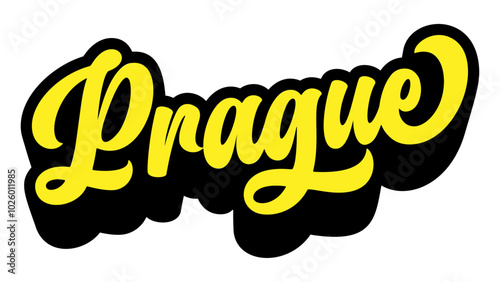 Prague city name written in retro groovy three-dimensional script lettering