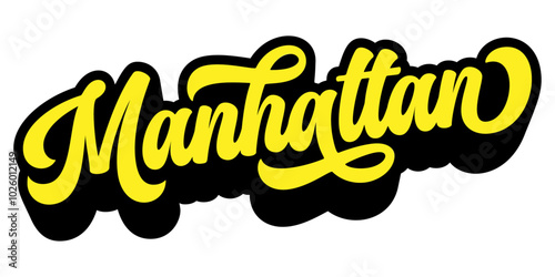 Manhattan borough name written in retro groovy three-dimensional script lettering