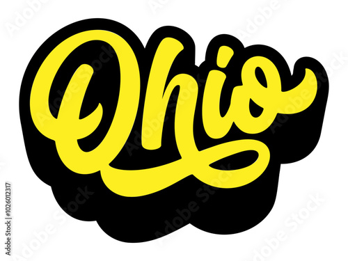Ohio state name written in retro groovy three-dimensional script lettering