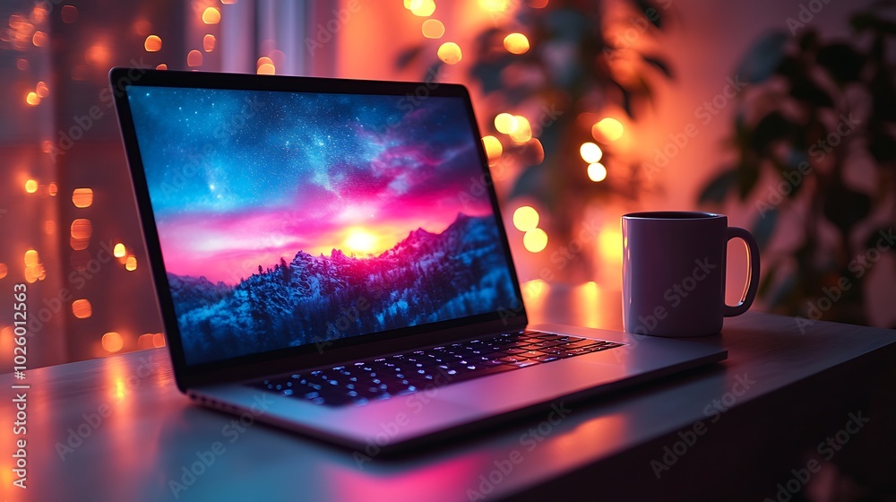Side view of a laptop showing Black Friday ads, a coffee mug beside it on a modern desk, bright ambient lighting, colorful screen graphics, smooth textures on the laptop and mug, Side view of a laptop showing Black Friday ads, a coffee mug beside it on a modern desk, bright ambient lighting, colorful screen graphics, smooth textures on the laptop and mug,