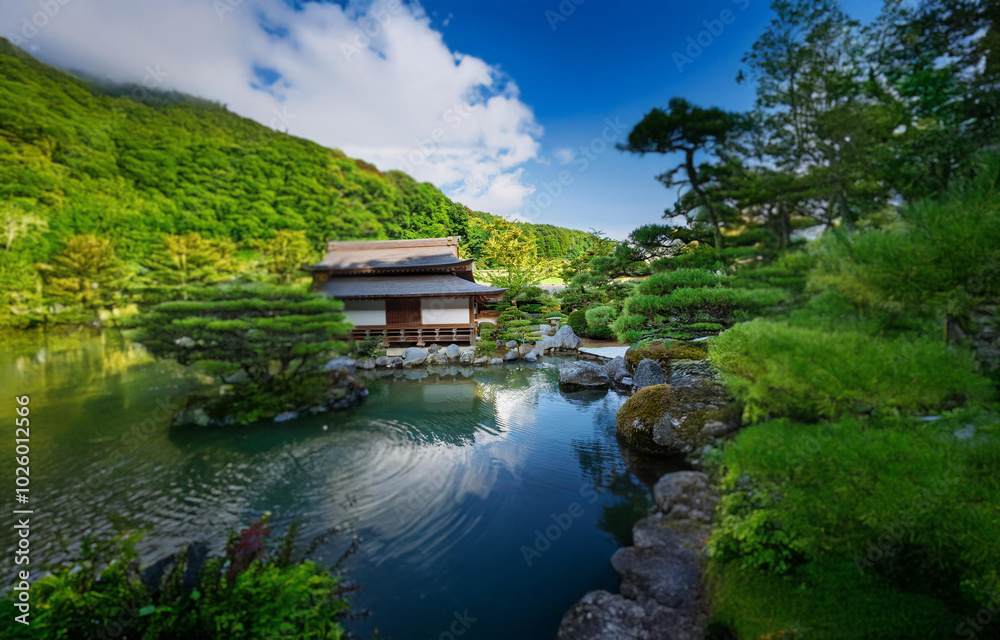 Fototapeta premium A small wooden structure nestled in a lush green garden. The garden features a tranquil pond with a rippling surface.