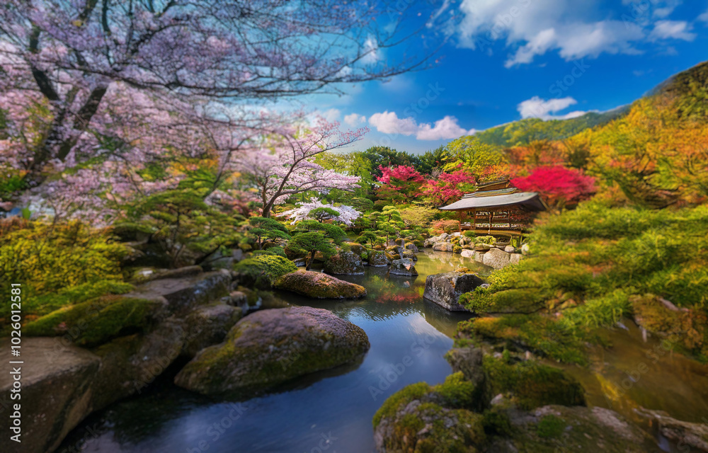 A serene Japanese garden with a pond, moss-covered rocks, and blooming trees. A serene Japanese garden with a pond, moss-covered rocks, and blooming trees.