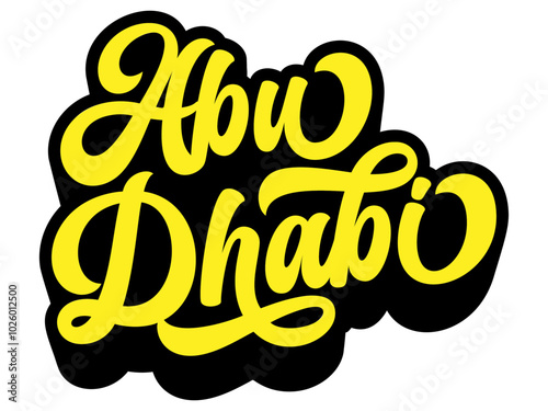 Abu Dhabi city name written in retro groovy three-dimensional script lettering